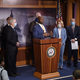 Sen. Tim Scott, R-S.C., flanked by (L to R), Rep. Pete Stauber, R-Minn., Senate Majority Leader Mitch McConnell (R-Ky.), Sen. James Lankford, R-Okla., Sen. John Cornyn, R-Texas, Sen. Shelley Moore Capito, R-W.V., Sen. Lindsey Graham, R-S.C., and Sen. Ben Sasse, R-Neb., speaks at a news conference to announce that the Senate will consider police reform legislation, at the US Capitol on June 17, 2020 in Washington, DC.